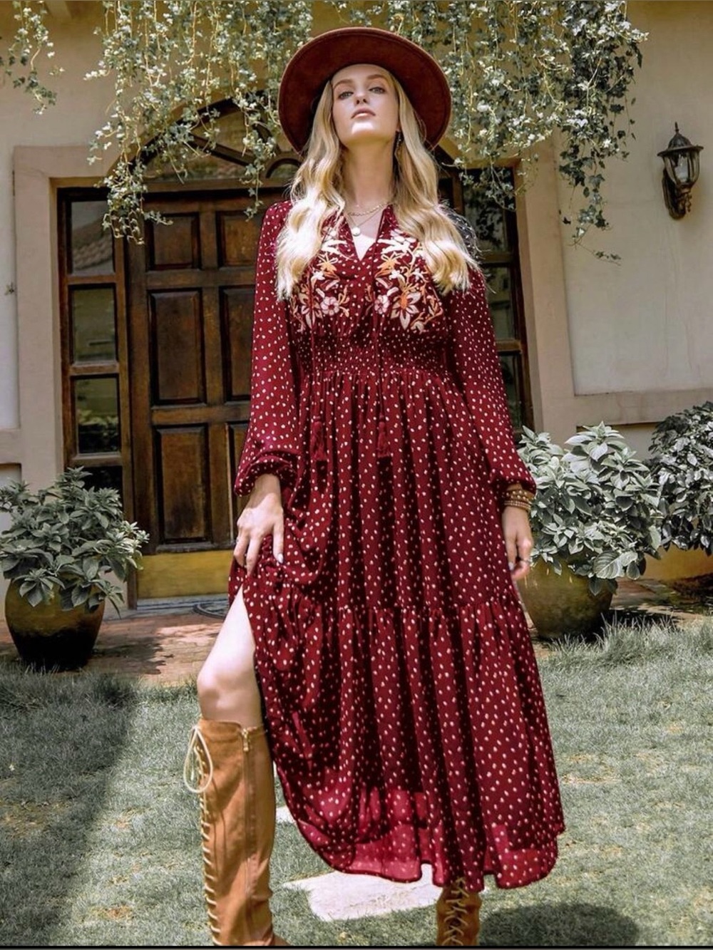 Bohemian Embroidered Long Sleeve Maxi Dress - Burgundy